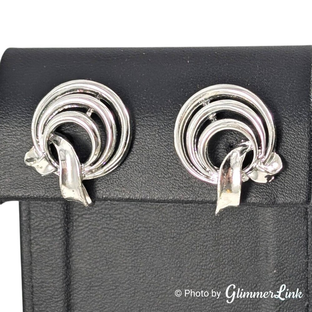 Vintage Lisner Silver Tone Modernist Spiral Screw Back Earrings